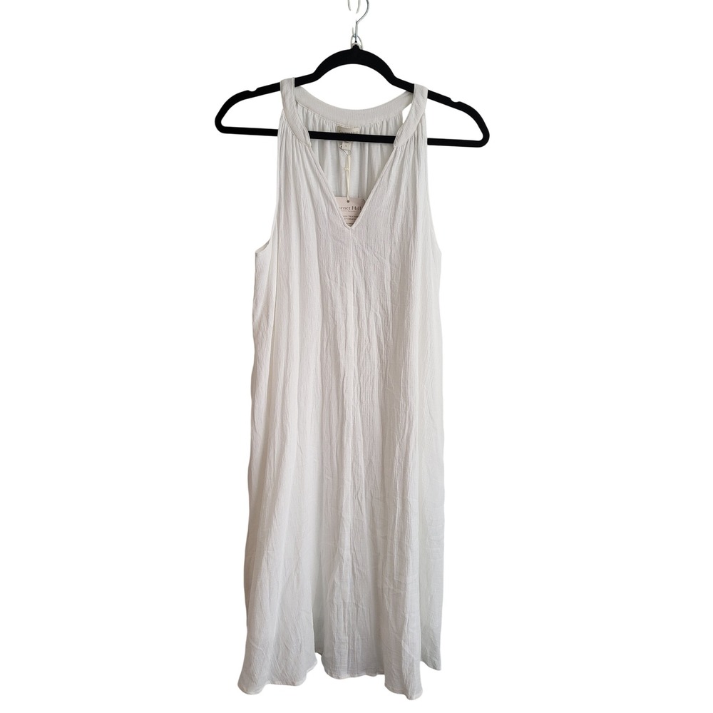 Garnet Hill White Crinkle Cotton Gauze Sleeveless Shift Dress Small Beach NEW - Picture 2 of 12